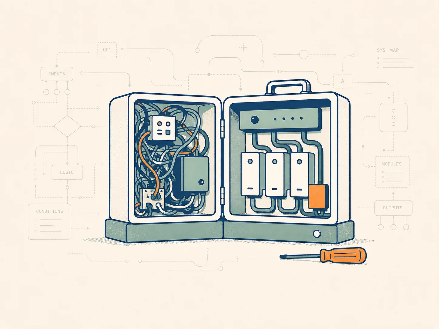 A control box for a complex inherited web system, with one messy side and one understood side.