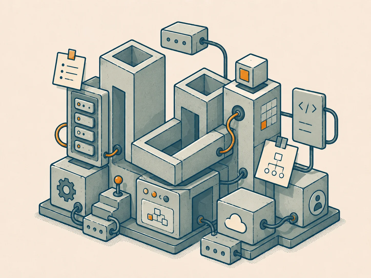 Modular isometric system illustration representing full-stack Laravel architecture.
