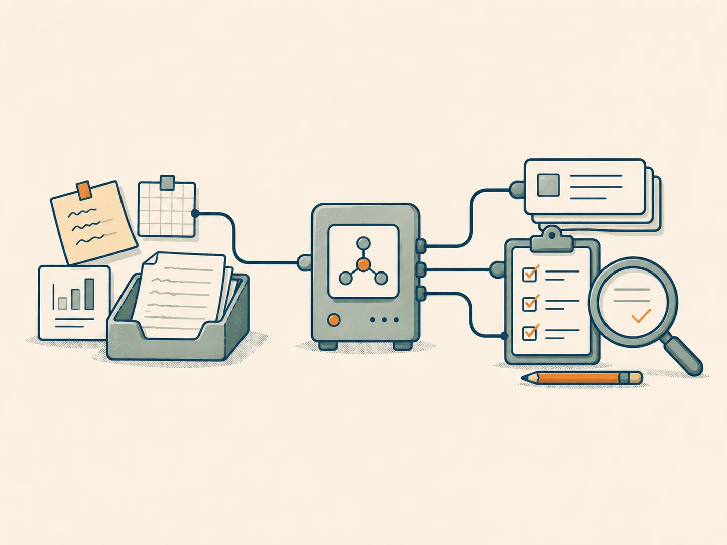 An AI-assisted workflow diagram for reviewing code, documentation, data, and decisions.